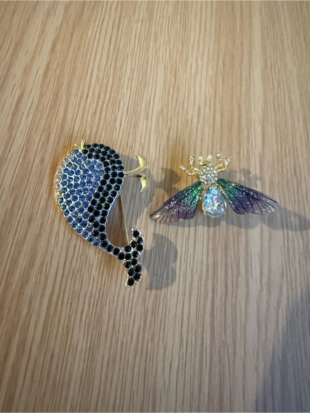 Blue Crystal Whale & Iridescent Bug Brooches New